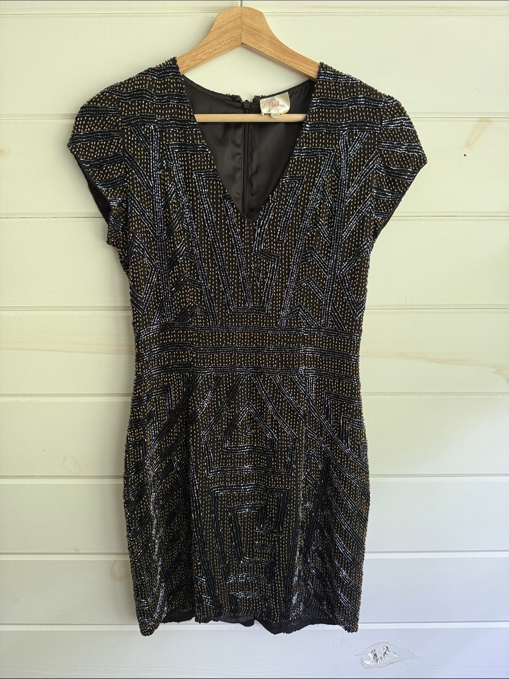 Parker Black Beaded V-Neck Cap Sleeve Dress